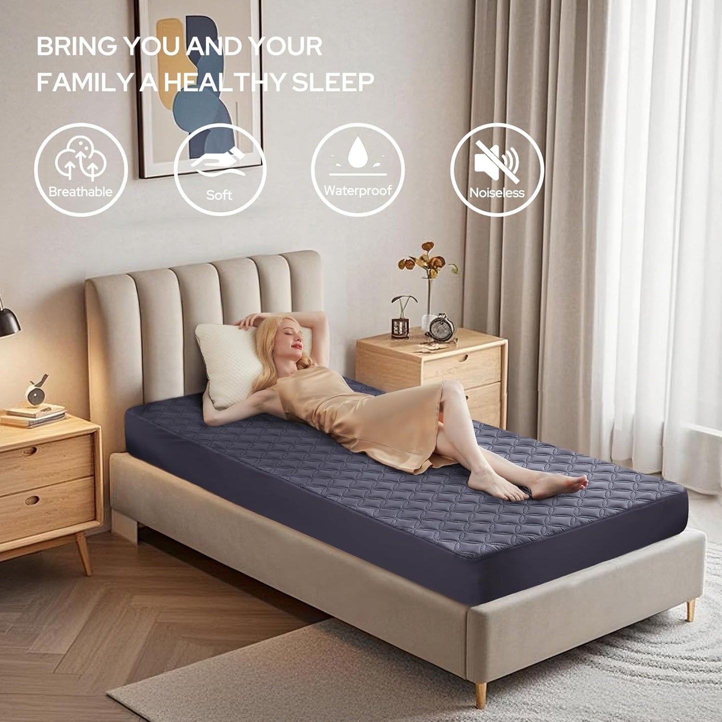 Waterproof Mattress Protector, Twin Size Noiseless Mattress Pad with Deep Pocket 6"-15" Depth, Soft Breathable Bed Mattress Cover Washable for Home, Bedroom, Hotel (Navy Blue)