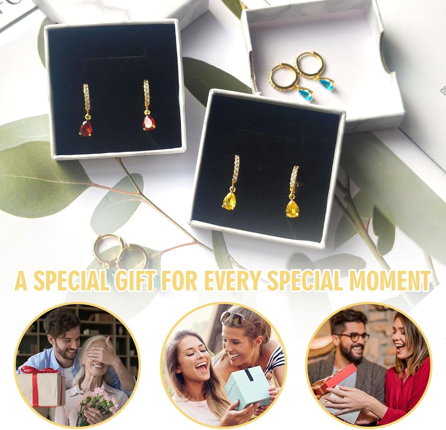 14K Gold Birthstone Trendy Dangle Earrings for Women Teardrop Small Hoop Huggie Hypoallergenic CZ Minimalist Open Earrings Jewelry for Women Gift