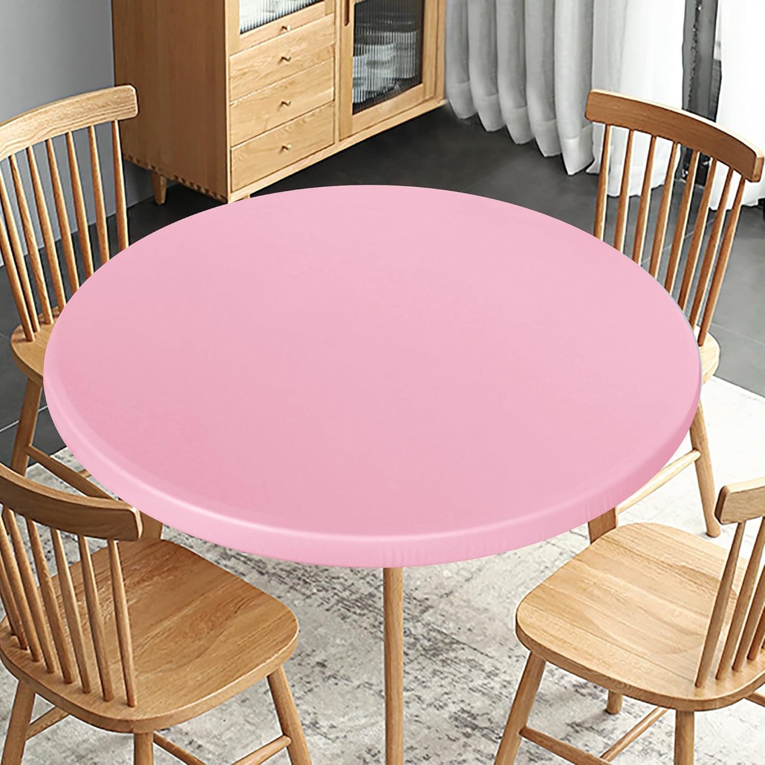 Fitted round Table Cloth, Reversible Waterproof Stain Resistant Elastic Stretch Tablecloth, Wipe Clean Table Cover for Outdoor/Indoor Use, Fits round Tables up to 40" - 44" Diameter, Baby Pink
