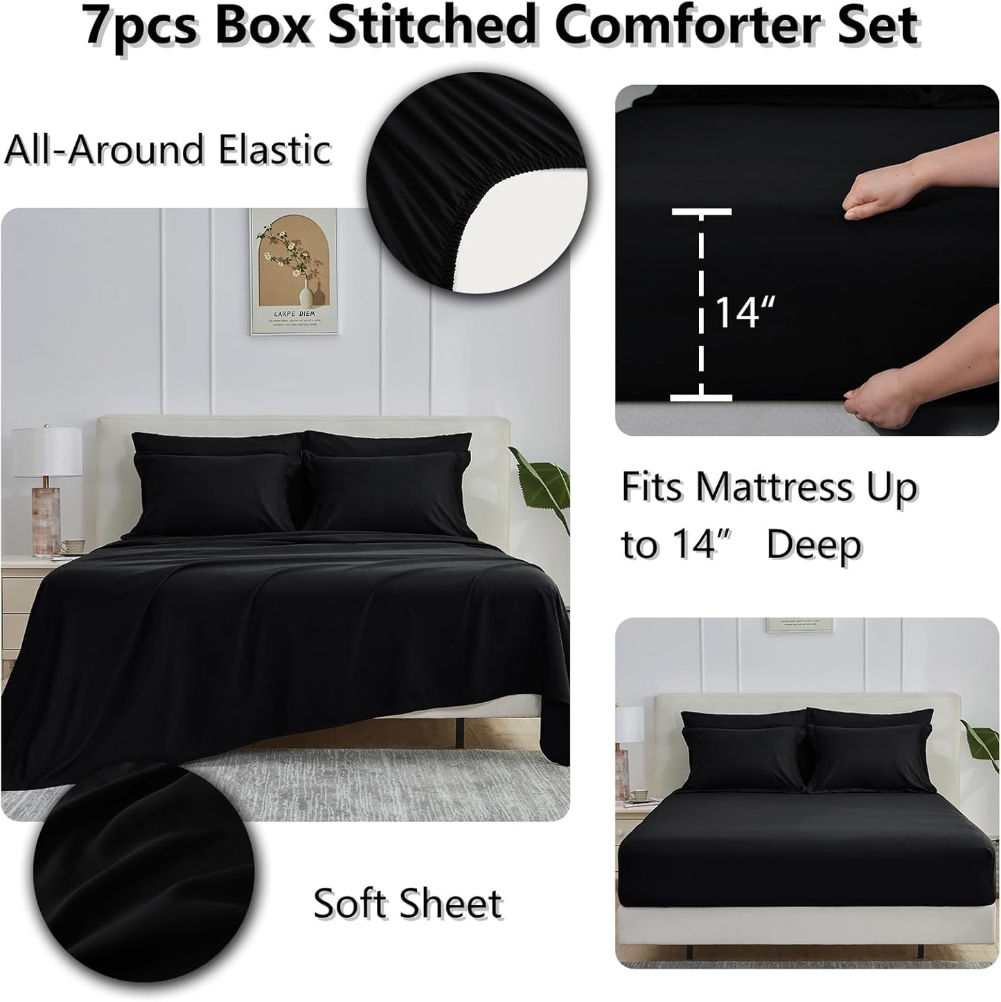 Black Queen Comforter Set with Sheets - 7 Pieces Bed in a Bag Queen Bedding Sets, All Season Soft 7PC Bed Set with Black Comforter, Flat Sheet, Fitted Sheet, Pillowcases & Pillow Shams