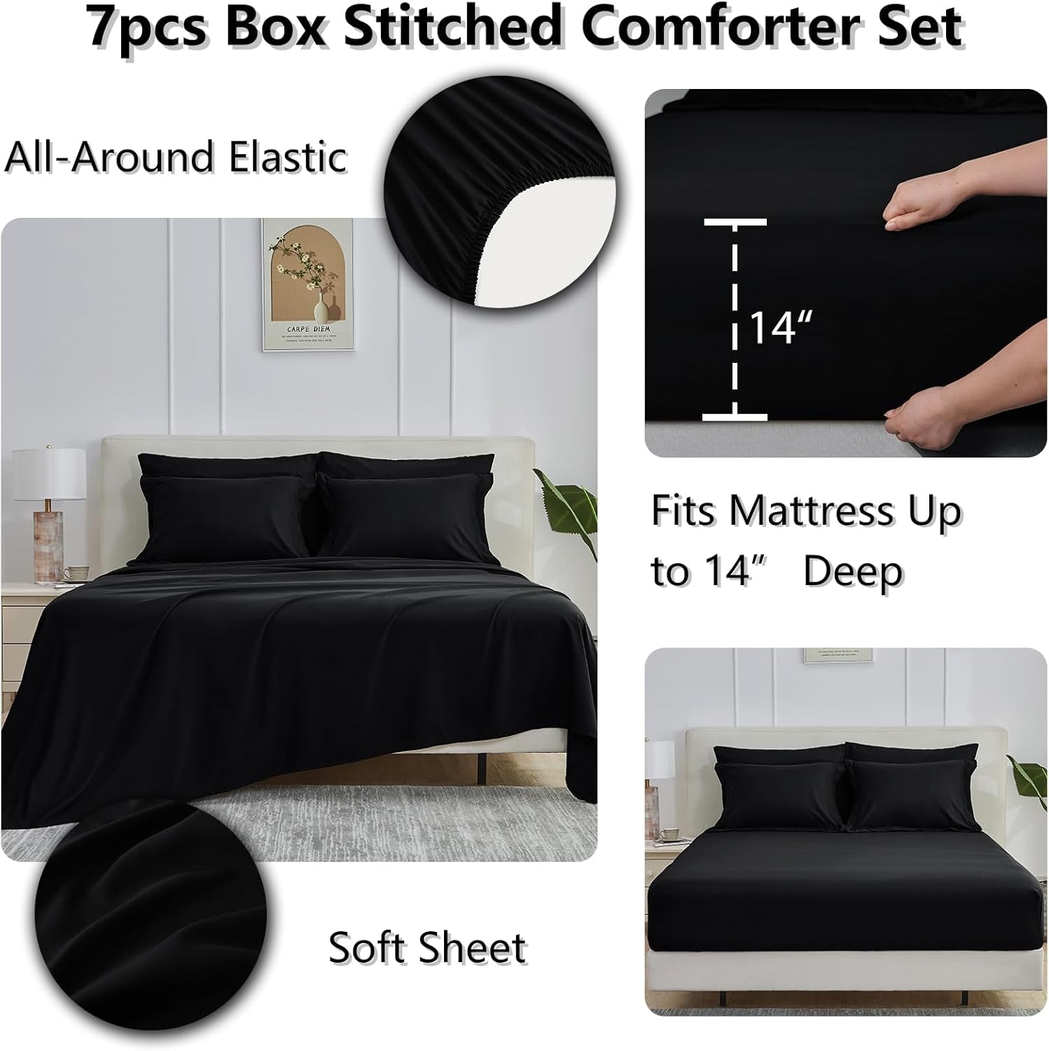 Black Queen Comforter Set with Sheets - 7 Pieces Bed in a Bag Queen Bedding Sets, All Season Soft 7PC Bed Set with Black Comforter, Flat Sheet, Fitted Sheet, Pillowcases & Pillow Shams
