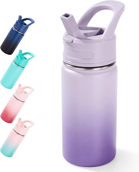 12Oz Kids Water Bottle for School, Toddler Bottles with Straws, Stainless Steel Vacuum Insulated Water Bottle for Boys&Girls, Leak-Proof, Bpa-Free, Lavender