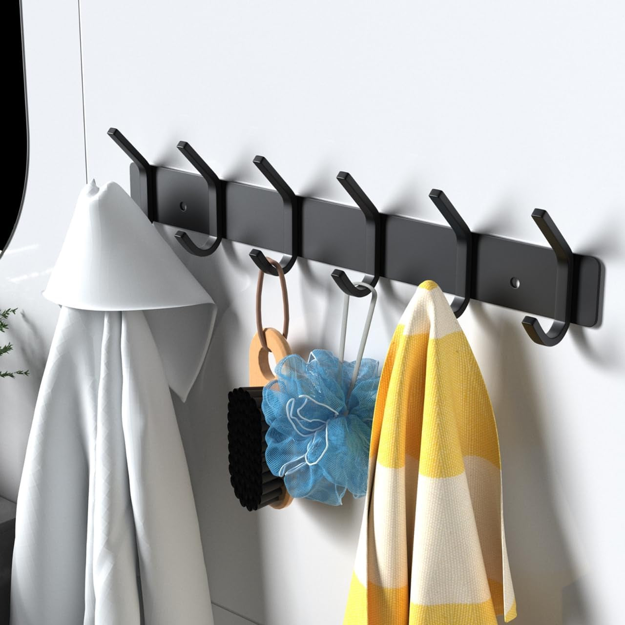Wall Hooks Coat Hooks Wall Mounted, Coat Rack with 6 Double Hooks for Hanging Towel Hat Coat Robe Bag Key for Bathroom Kitchen Bedroom(1 Pack)