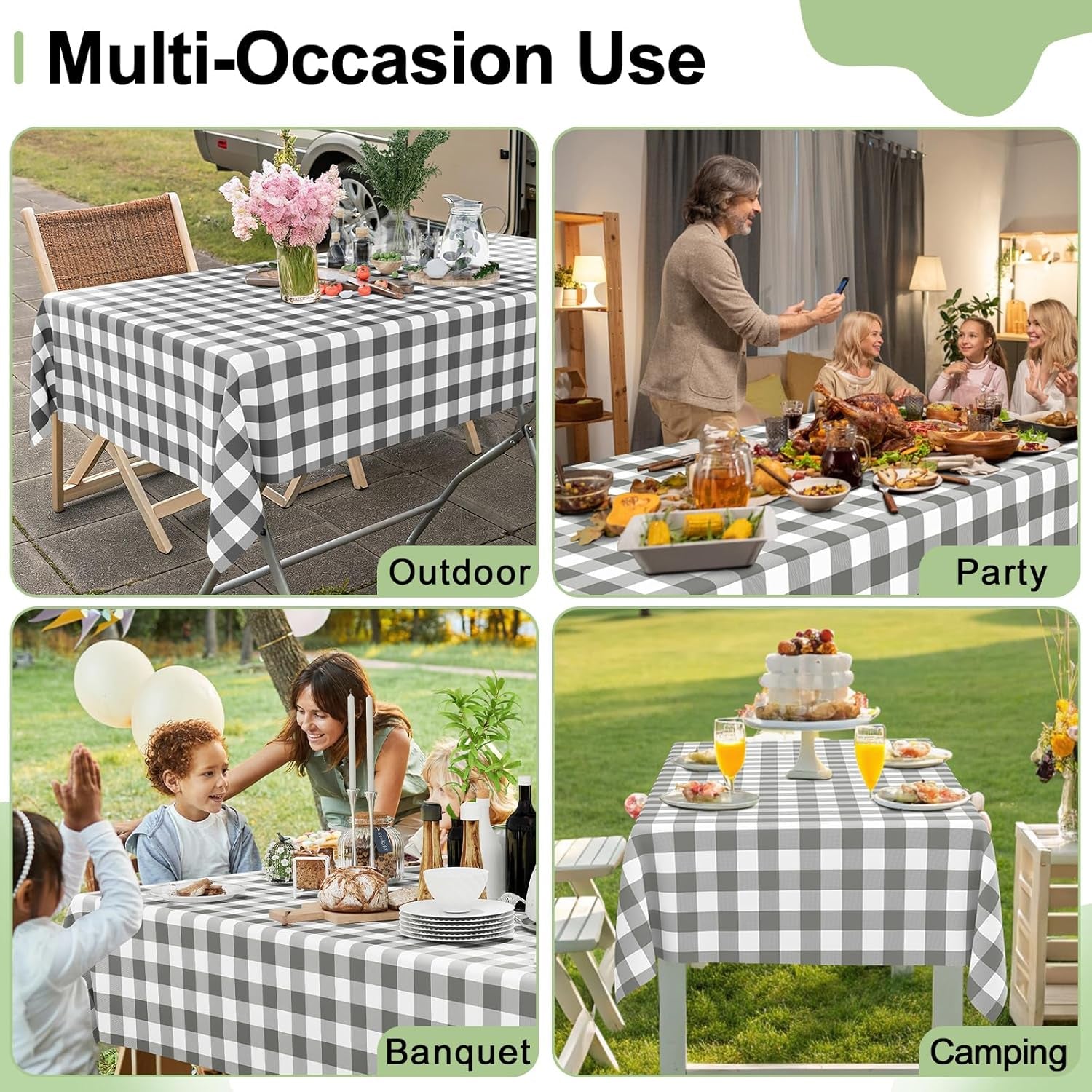 Gingham Disposable Tablecloths - 3 Pack, 54 x 108 Inch Waterproof Plastic Rectangle Covers in Grey and White Checkered Design for Picnics, Birthdays, and Parties