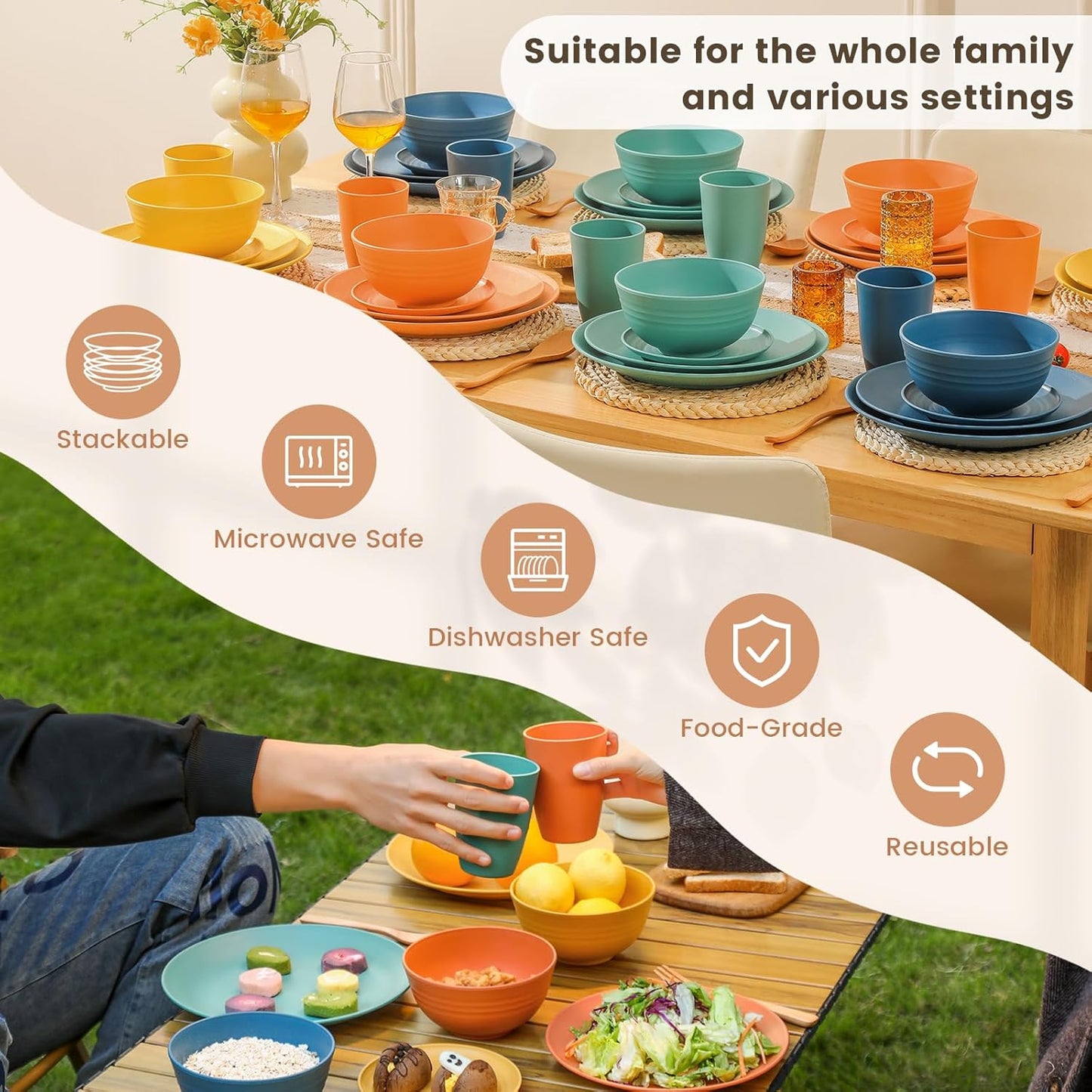 40-Piece Premium Wheat Straw Dinnerware Set for 8 - Unbreakable Plates, Bowls, and Cups - Dishwasher and Microwave Safe Kitchen Dishes - Multi-Color