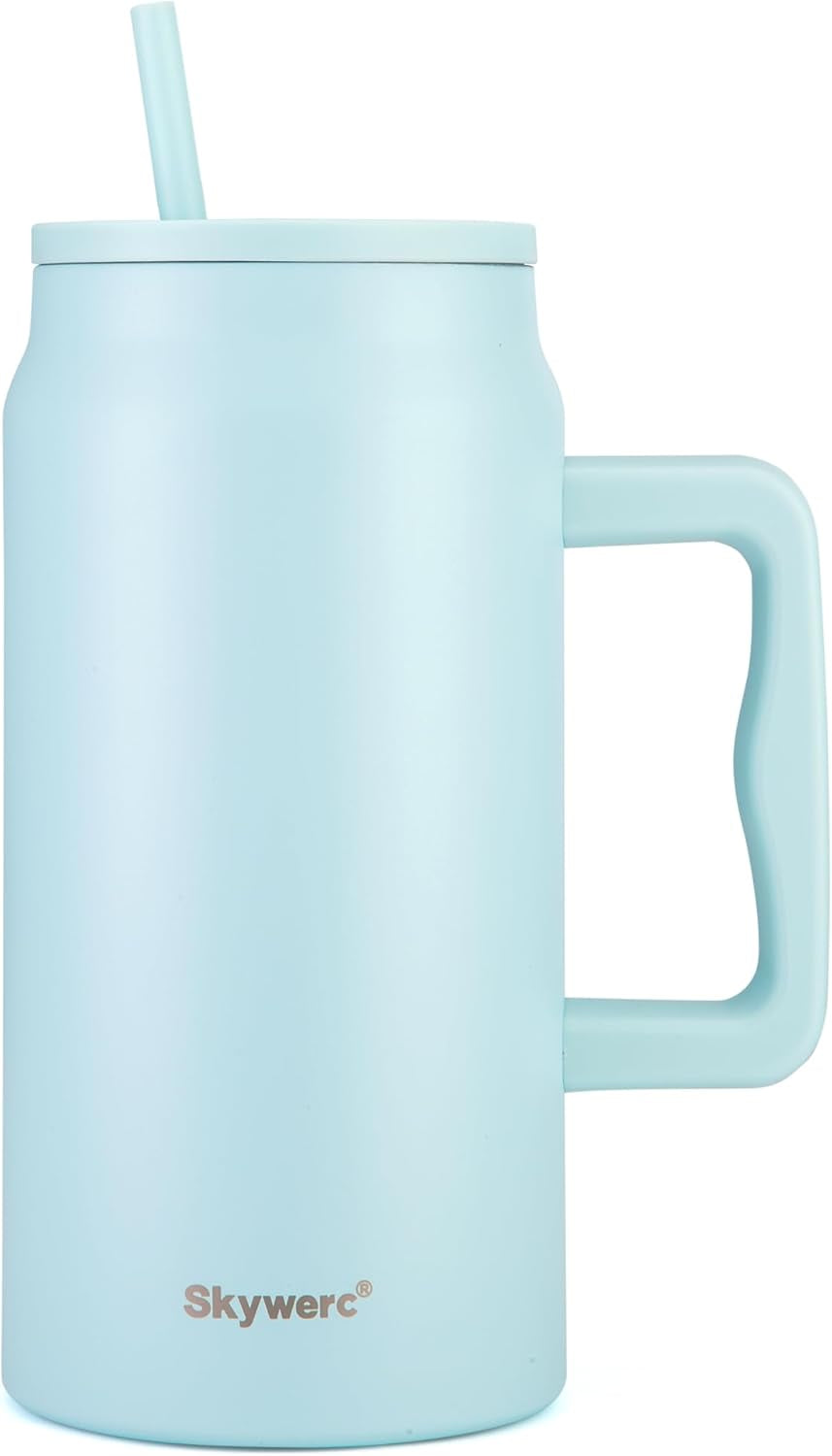 50 Oz Tumbler with Handle, Vacuum Insulated Water Bottle with Lid and Straw, Stainless Steel Double Wall Travel Jug Coffee Mug, Keep Cold for 36H, 100% Leak-Proof, Non-Slip Base - Azure