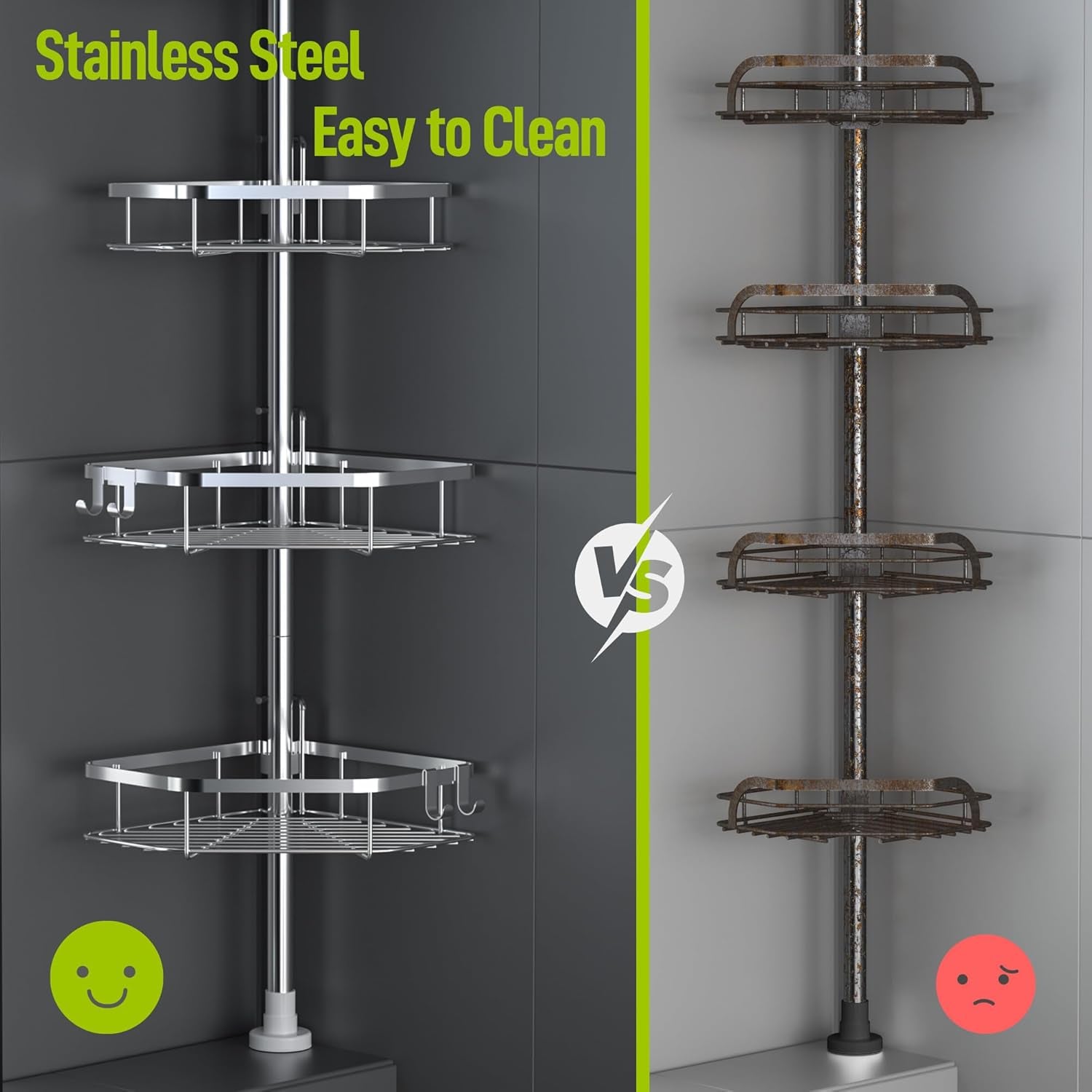 Corner Shower Caddy Tension Pole, Stainless Steel Shower Organizer, Strong Spring, 4 Adhesive Pads, 2.4" Non-Slip Grid Base, Adjustable 4-Tier Basket, 4 Hooks, Fits Heights 37.8-124", Silver