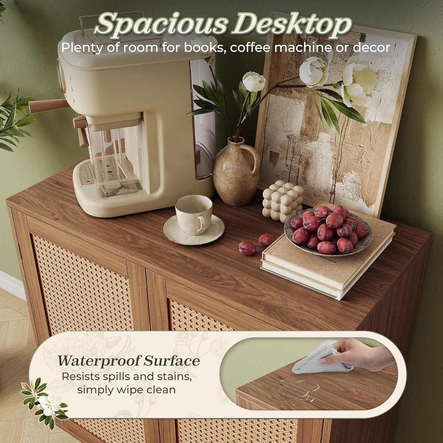 Walnut Buffet Cabinet with Synthetic Rattan Door Accents and Solid Wood Legs for Hallway, Entryway, and Living Room Storage