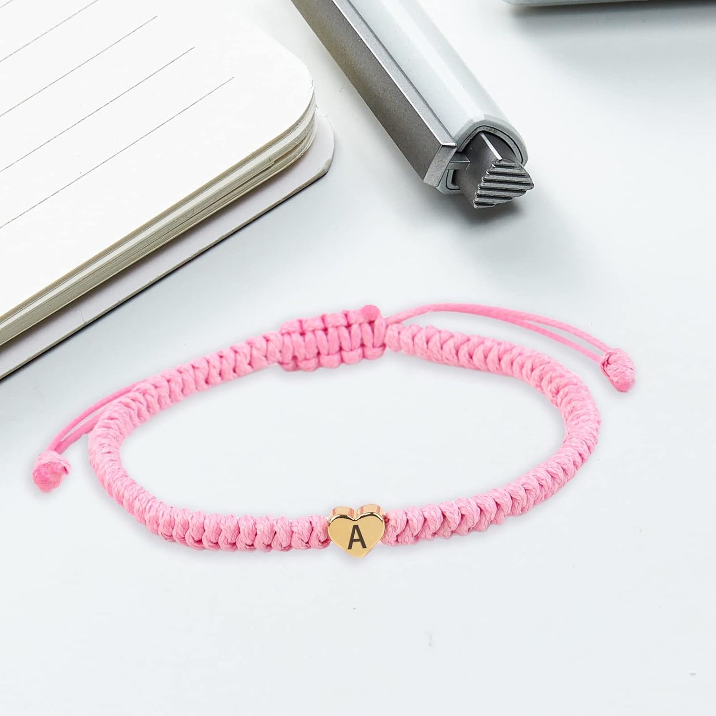 Pink Weave Rope Letter Bracelet for Women, Initial Bracelet Heart Charm 26 Letters A-Z Alphabet Handmade Adjustable Jewelry for Couple Teenage Girls Sister Valentines Day Mother'S Day (Pink-E)
