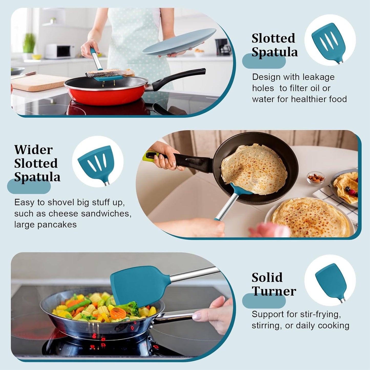 Silicone Cooking Utensils, 3 PCS Heatproof Kitchen Utensil Set for Flipping, Non-Stick Slotted & Solid Spatula Turner, Easy Clean & Non-Toxic, Blue