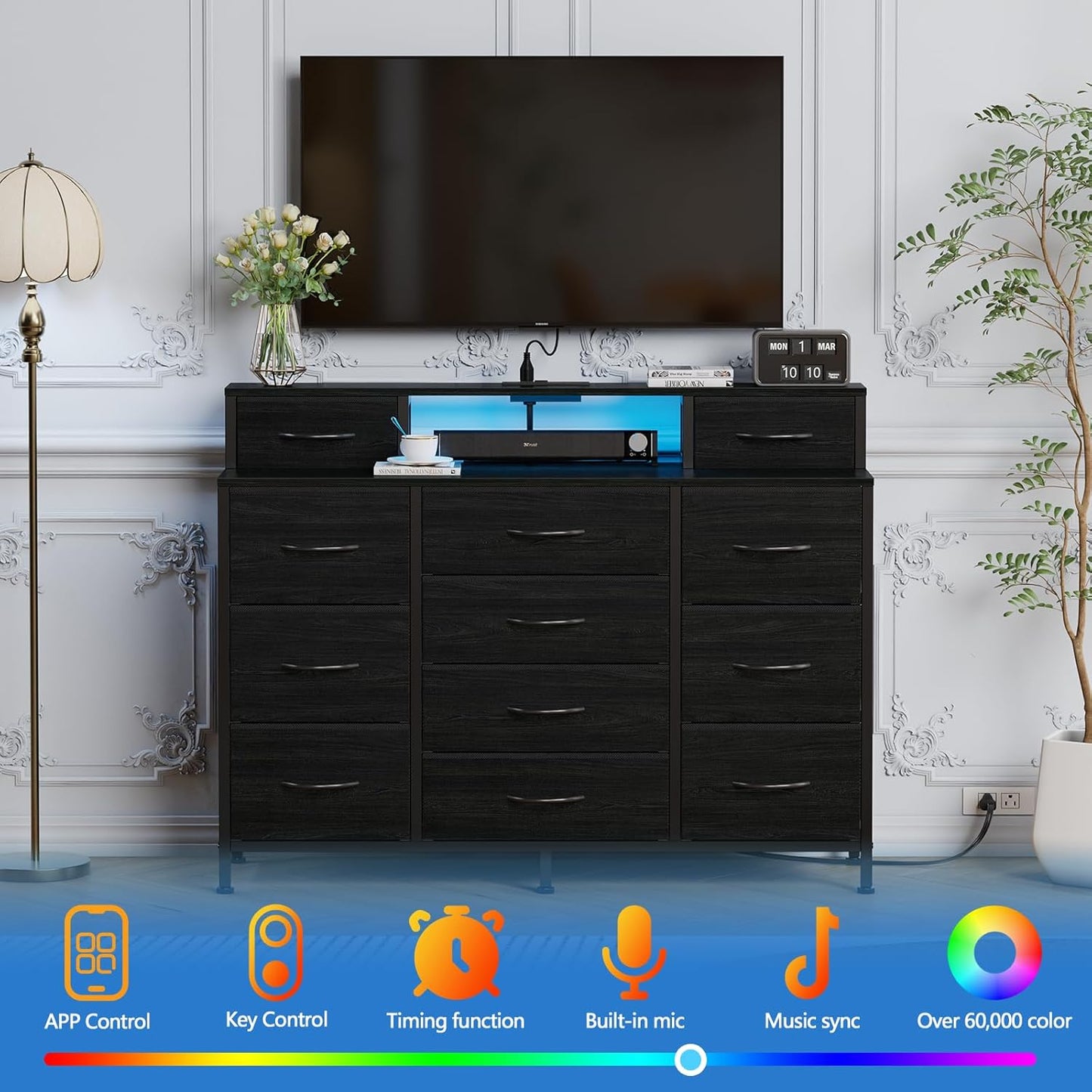 Elegant Black Bedroom Dresser with LED Lighting and Integrated Charging Station, 47"W Closet Chest with 12 Storage Drawers, Versatile TV Stand and Hallway Furniture, Featuring a 2-Tier Wooden Top and Sturdy Metal Frame