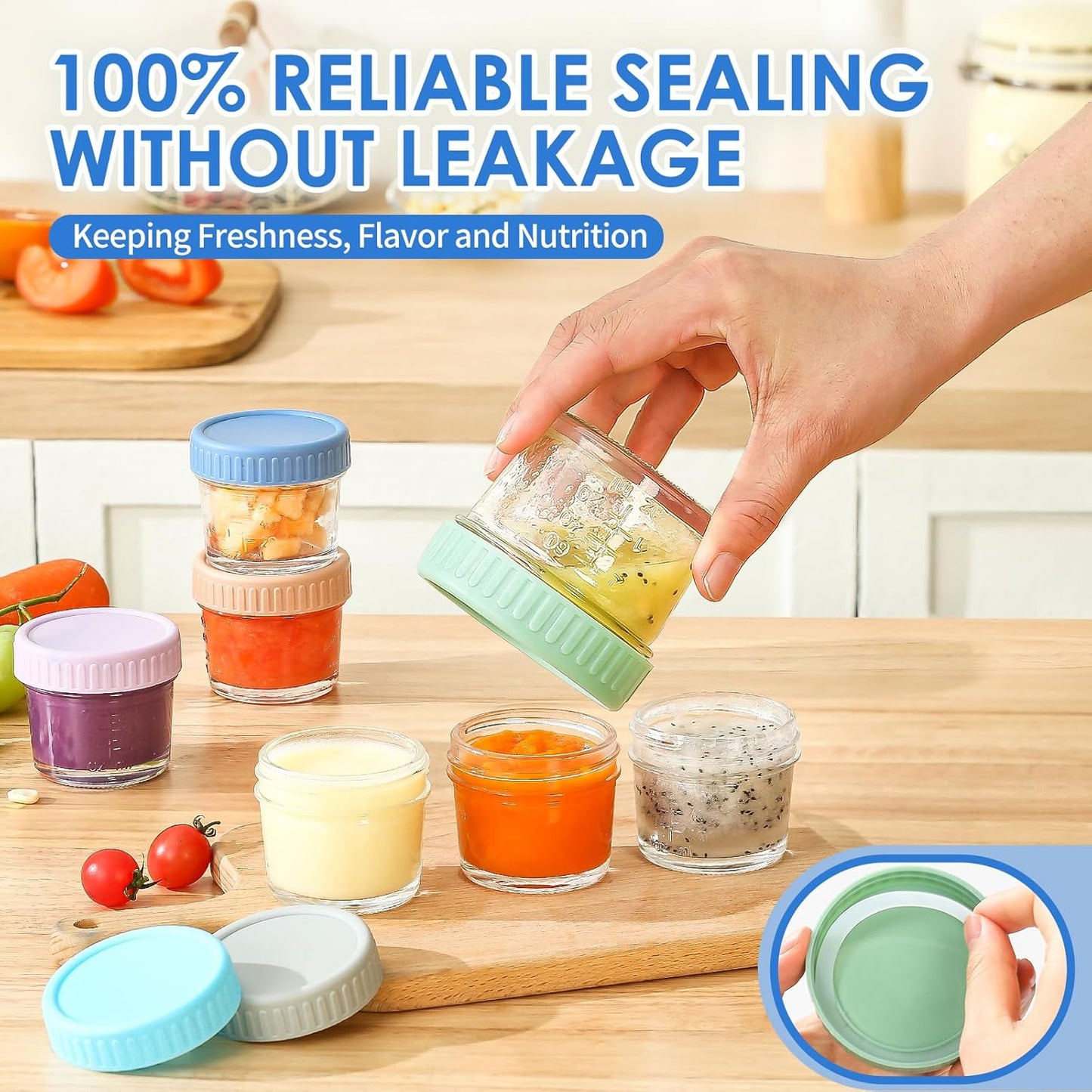 6-Pack Glass Baby Food Storage Containers - 4 oz Jars with Lids, Microwave and Dishwasher Safe, Freezer Safe, 100% Leak Proof, BPA Free, Reusable