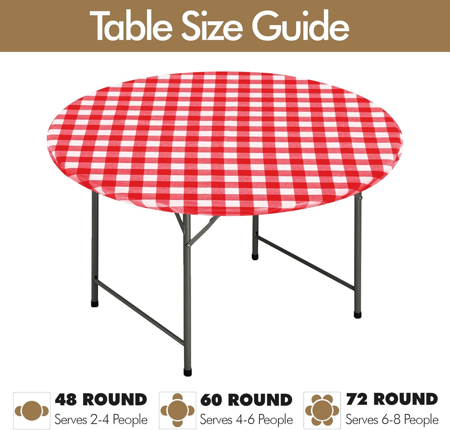 Waterproof Fitted Round Tablecloth with Elastic - Set of 4 Gingham Vinyl Table Covers with Flannel Backing for Outdoor Use, Red and White (Designed for 57"-68" Round Tables)