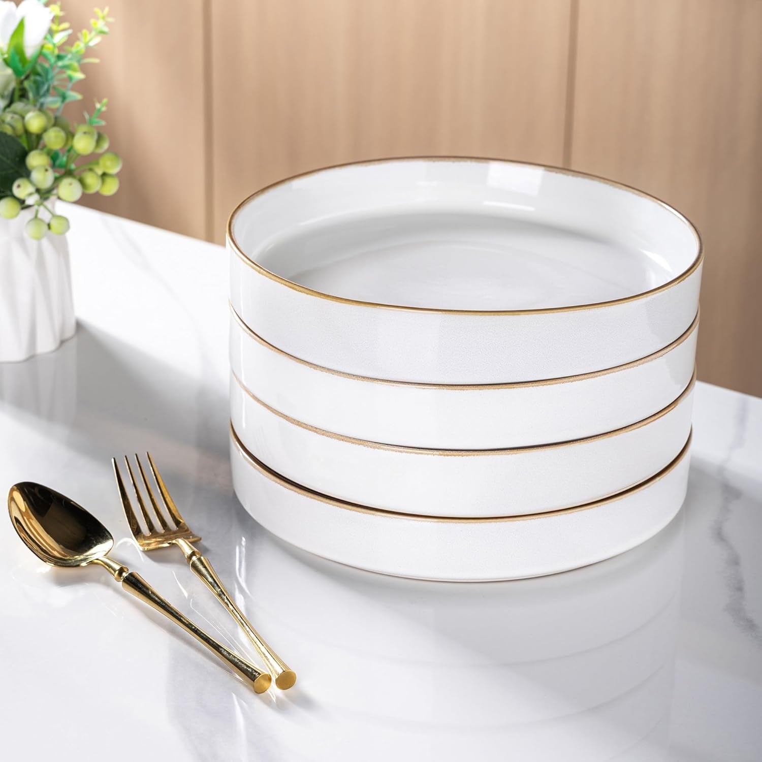 Large 9-Inch Ceramic Pasta Bowls Set of 4, 32 Oz Stoneware Serving Bowls for Kitchen, Versatile Wide Bowls for Fruit, Pasta, Salad, Oatmeal, Microwave Safe, Pearl White