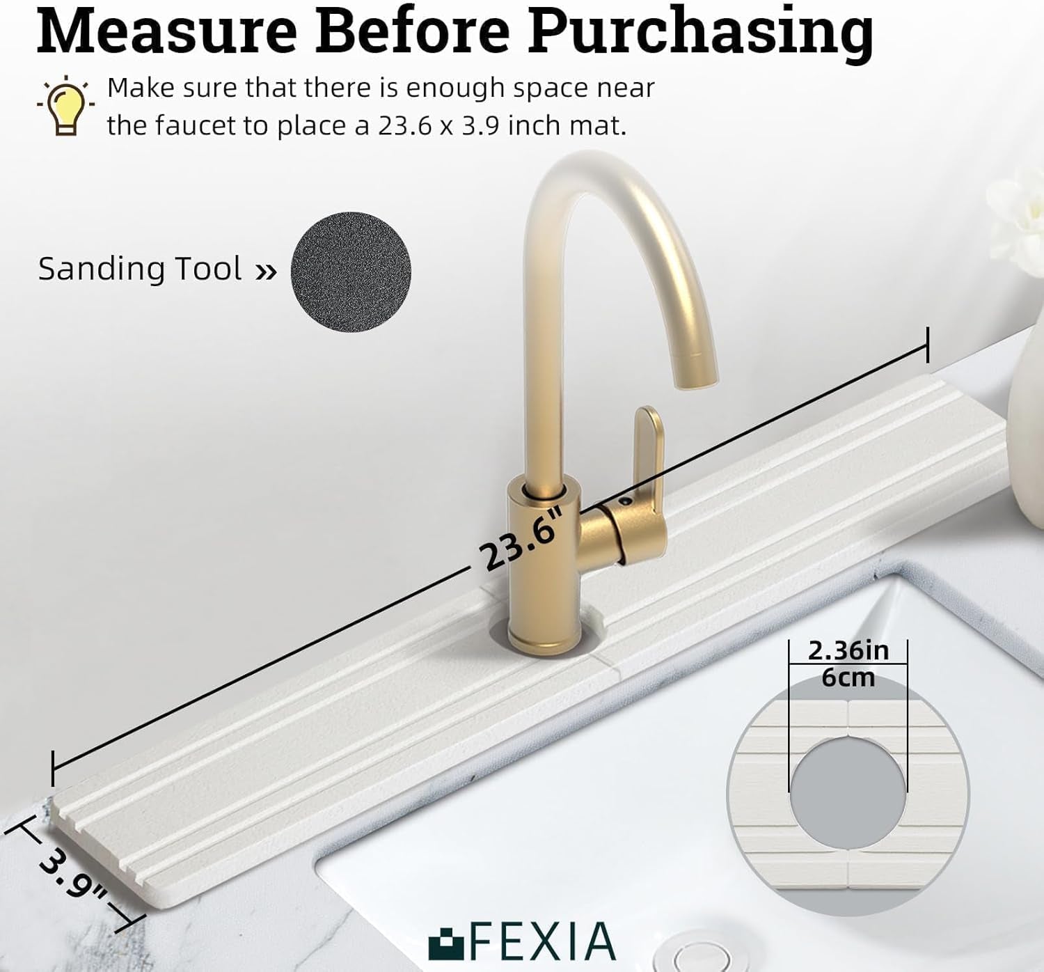 Faucet Mat Kitchen Sink 23.6" Long Diatomite Water Absorbing Stone Quick Drying Tray Sink Splash Guard for Bathroom Kitchen Counter Vanity Sink Organizer, Stone Drying Mat for Kitchen Counte