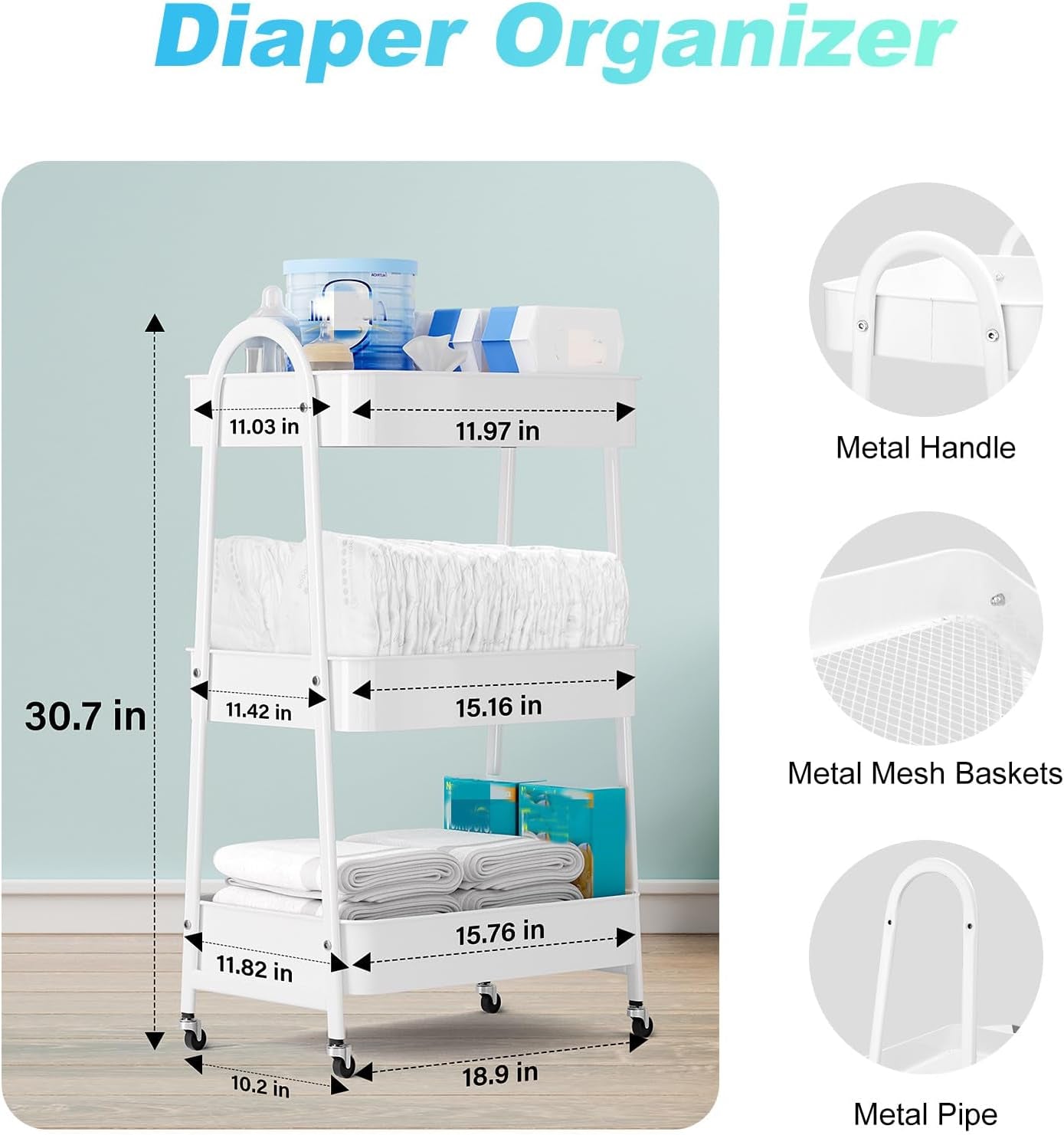 Baby Diaper Caddy Organizer, Metal Utility Diaper Cart, Multifunction Essential Newborn Baby Registry Items, Movable Changing Station/Easy Assembly, White