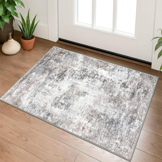 Modern Abstract Entryway Rug Indoor 2X3 Washable Non-Slip Soft Beige Grey Small Area Rug Kitchen Mat Thin Print Faux Wool Floor Carpet for Entrance Bedroom Office
