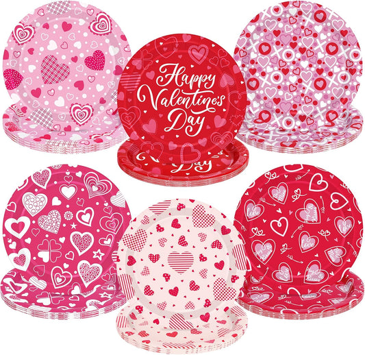 48 PCS Valentines Plates, 9 in Pink Red Color Heart Paper Plates, round Heart Love Design Valentines Day Plates Pink Party Plates, Disposable Pink Dinnerware for Valentines Anniversaries Wedding