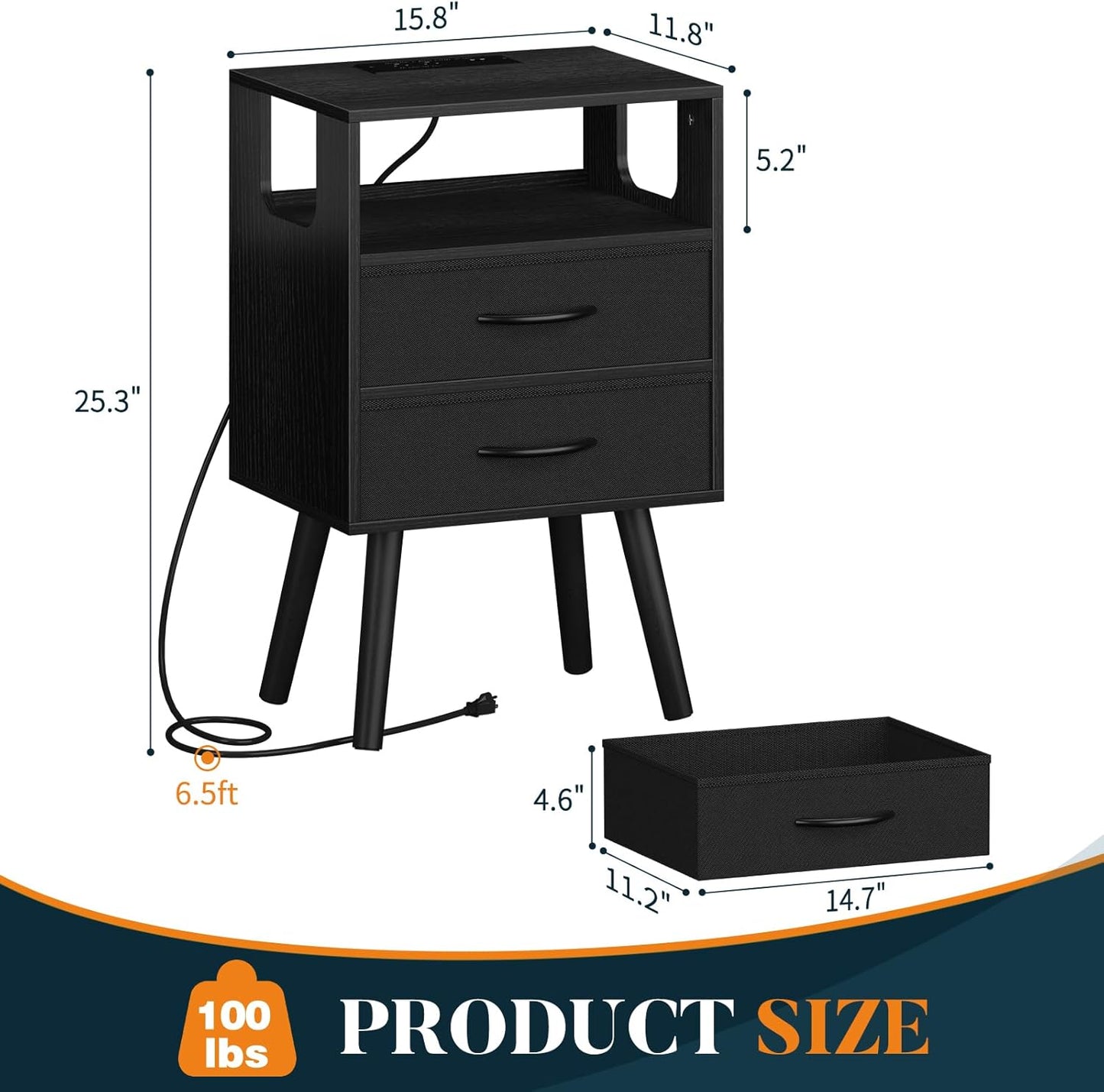 LED Night Stand with Charger Station, Mid Century Modern Nightstand with Fabric Drawers, Bedside Table Nightstands with Storage Shelf, Bed Side Table Small Night Stands for Bedroom Living Room