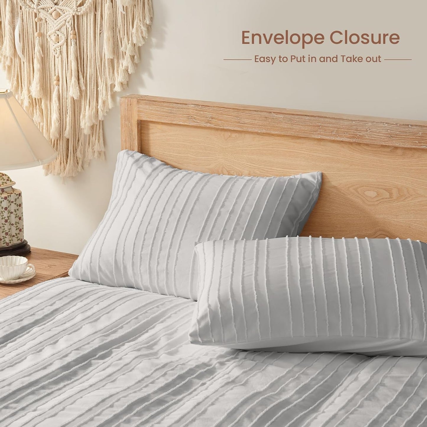 Light Grey Duvet Cover King Size - Striped Tufted King Duvet Cover Set with Zipper Closure, 3Pcs Soft Microfiber Boho Bedding Set for All Seasons (King, 104"X90")