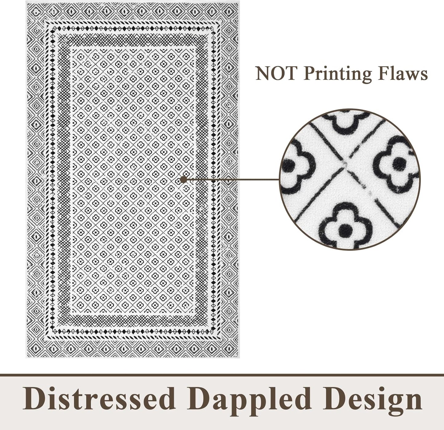 2X3 Washable Rug Non Slip, Soft Low Pile Front Door Mat Indoor Entrance, Black and White Area Rug Moroccan Indoor Door Mats for Entryway Bedroom Kitchen