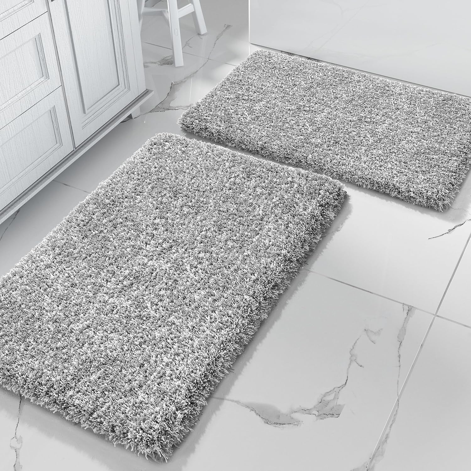 Fluffy Bath Rug Set,Shaggy Soft Non Slip Bathroom Rugs, Machine Washable,Thick Bathroom Floor Rugs for Shower Bath Mat,Water Absorbent, 24X17+32X20 Inches, Light Gray and White