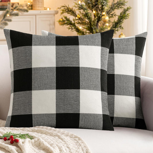 Halloween Pack of 2 Farmhouse Buffalo Check Plaids Linen Throw Pillow Covers Soft Soild Decorative Home Decor Outdoor Cushion Case for Sofa Bedroom 18 X 18 Inch, Black and White