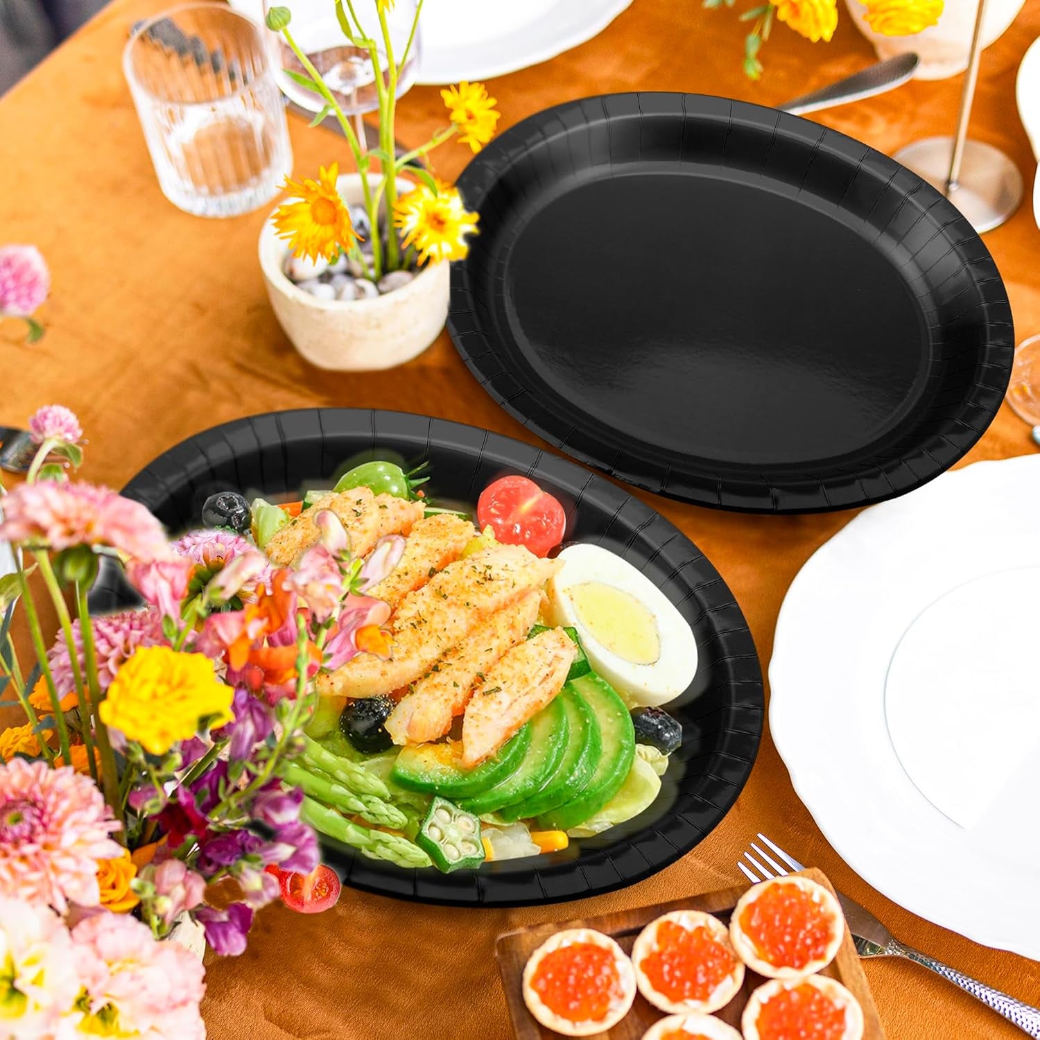 50 Count Black Large Paper Plates, 12.2'' X 10.2'' Oval Disposable Plates, Daily Heavy Duty Dinnerware Party Decorations for Birthday Wedding Formal Dinner Holiday
