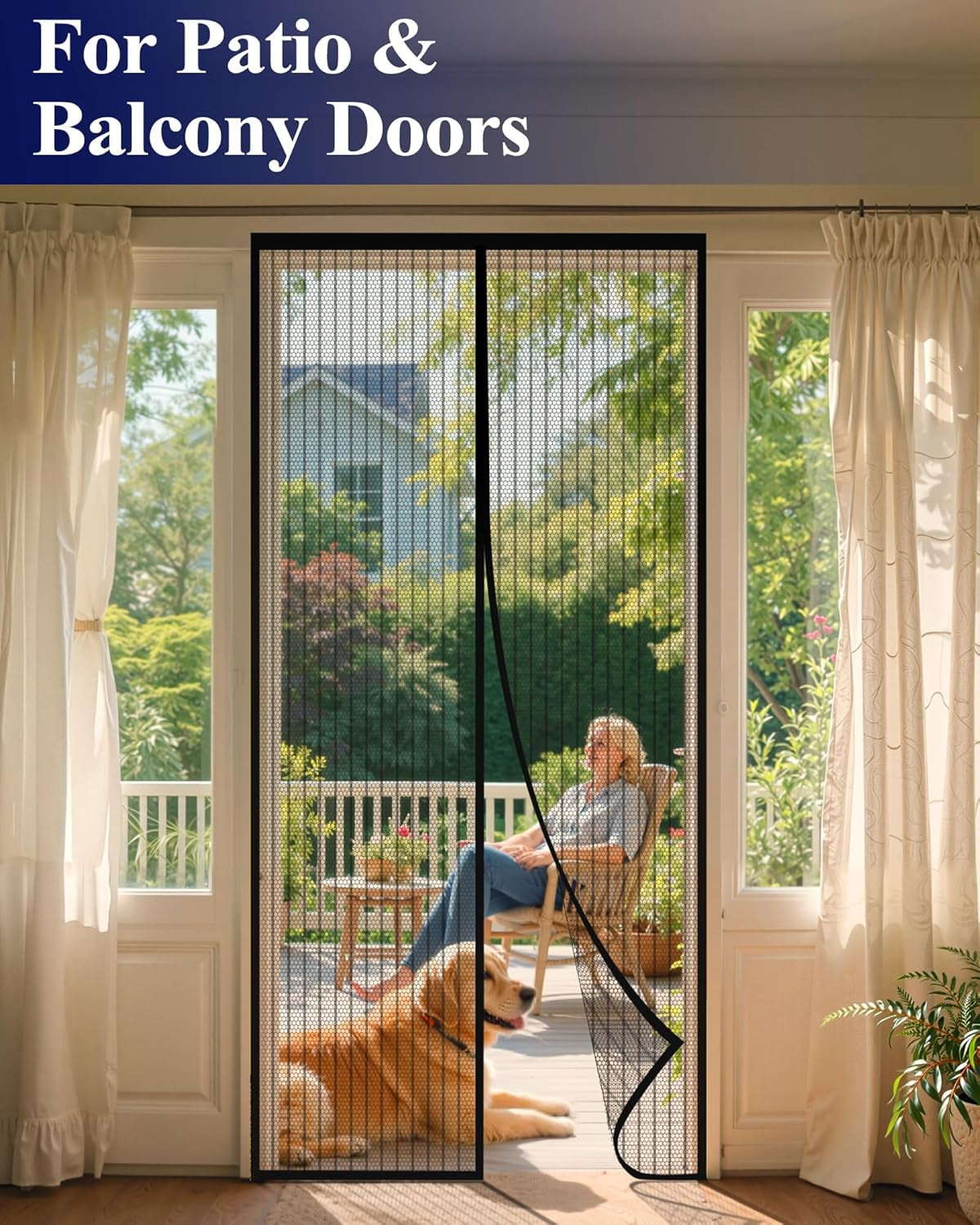 Magnetic Screen Door - 38.0 X 82.0'' Retractable Screen Door Mesh for Front Door or Sliding Door, Pet & Kid Friendly, Hands-Free Closure Keeps Bugs Out & Lets Breeze In, Stripe Black