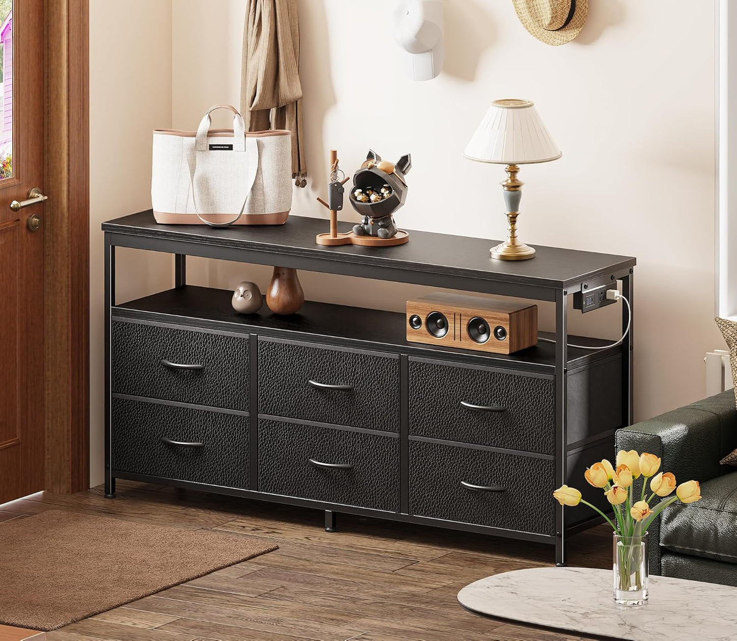 LED TV Stand for Bedrooms and Living Rooms, 47-Inch Dresser with Storage for 43, 50, and 55-Inch TVs, Black Entertainment Center with Power Outlets and 6 Drawer Fabric Dresser