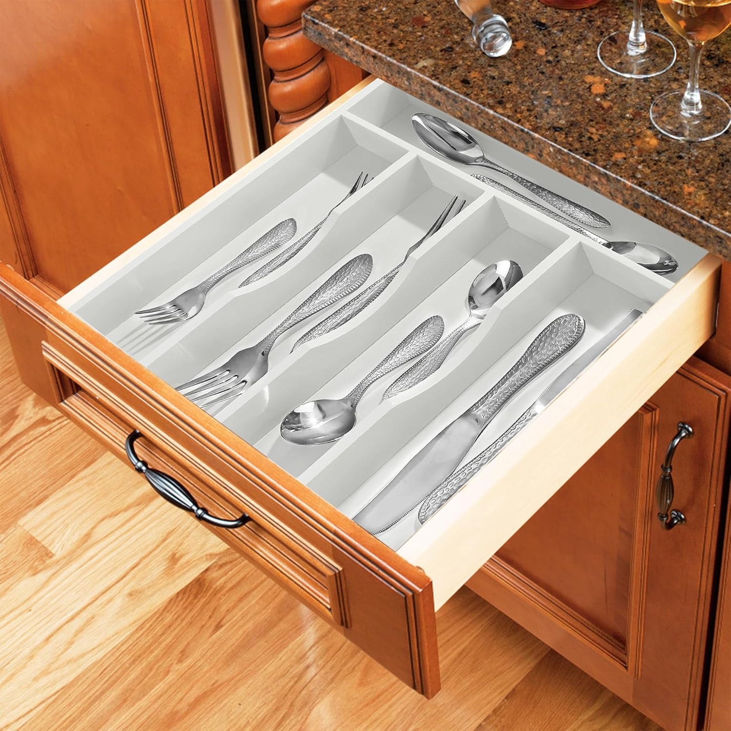 White Silverware Organizer 10 in Utensil Organizer Silverware Tray for Drawer Cutlery Flatware Organizer for Kitchen Bamboo Wood