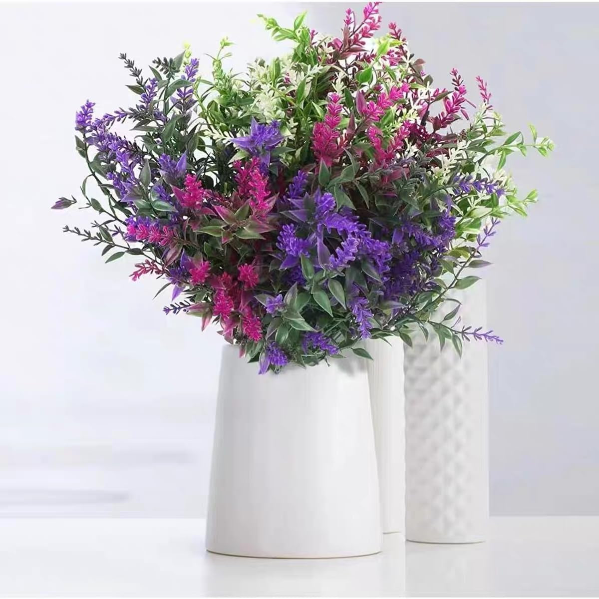 Artificial Plants Outdoor Flowers Spring Decoration, 10 Bundles Fake Plastic Greenery UV Resistant Realistic Faux Lavender Look Real for Home Porch Planter Window Patio (Purple)