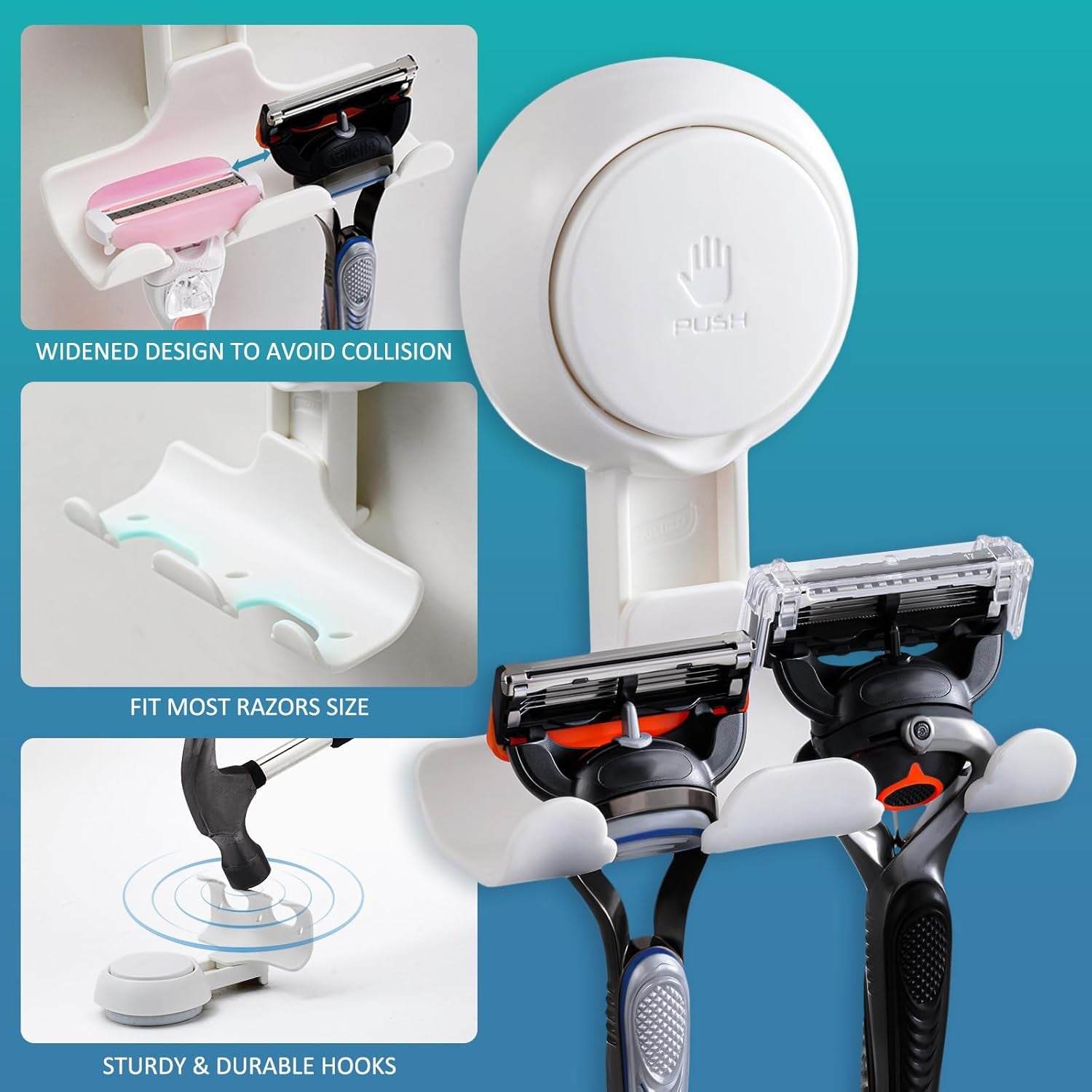 Suction Cup Razor Holder in Shower 2 Pack, Towel, Loofah, Shaver Holder for Bathroom Wall, Powerful Suction Cup Shower Hooks, Easy to Install and Reuse, White