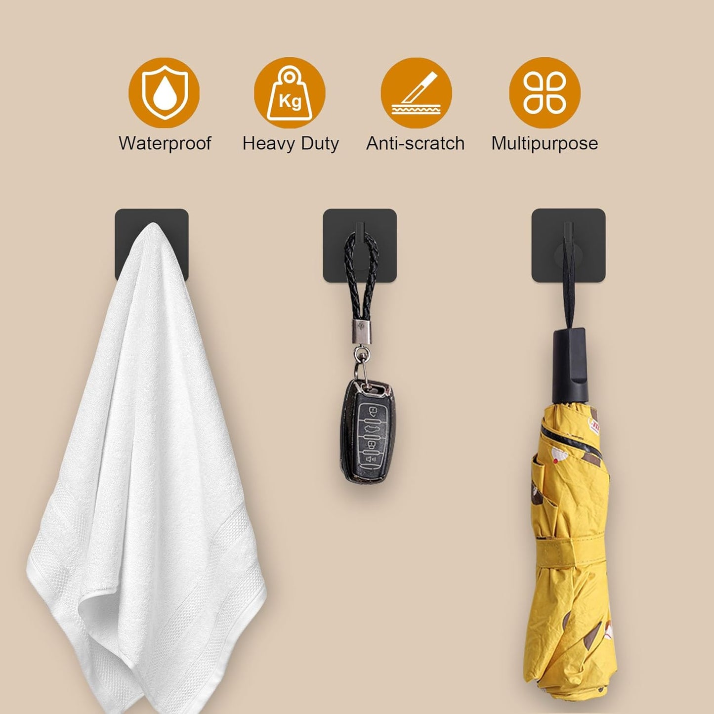 6-Piece Heavy-Duty Waterproof Adhesive Wall Hooks for Towel Storage in Bathrooms, Kitchens, and Offices (Black)
