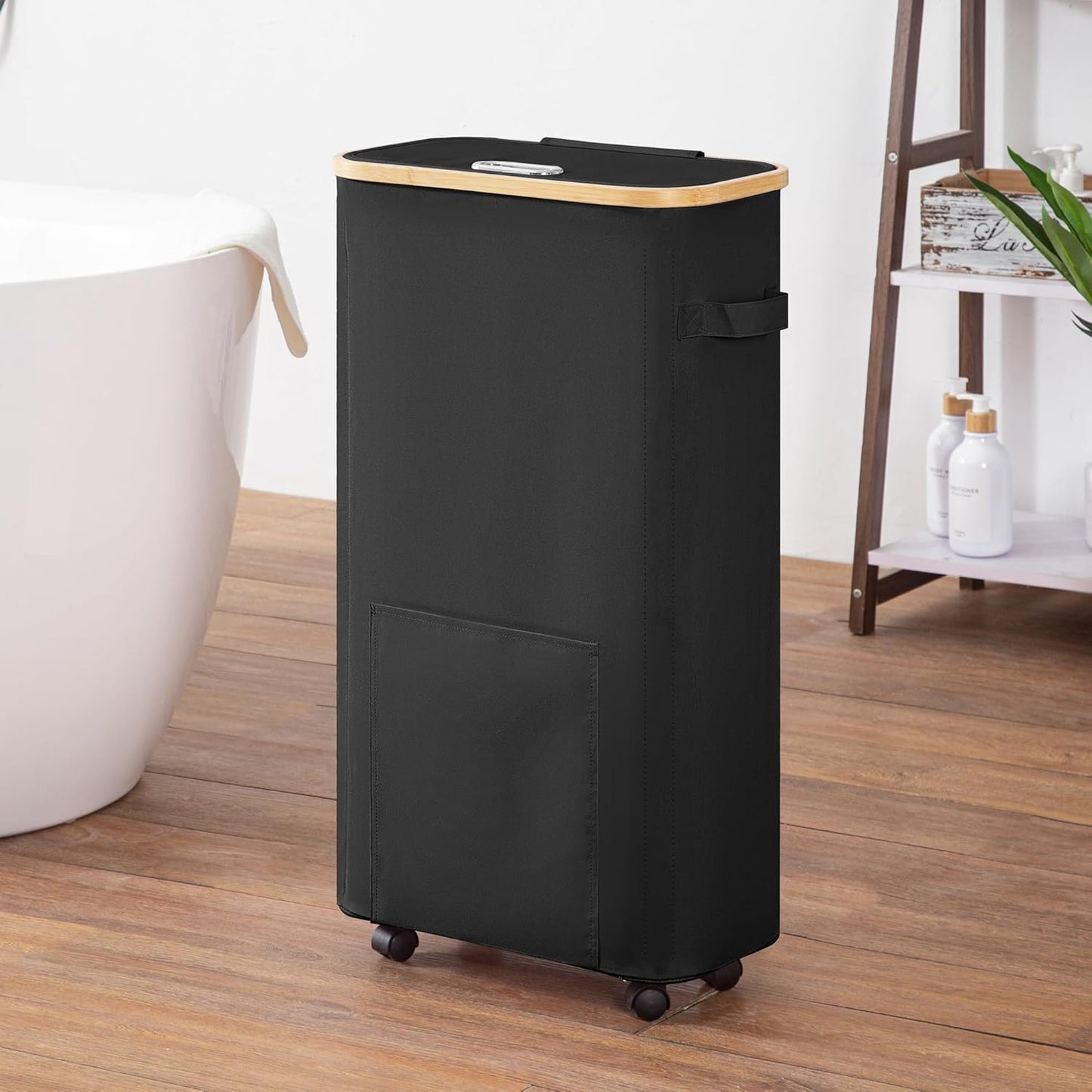 Laundry Basket with Wheels, Tall Dirty Clothes Hamper on Wheels, Rolling Laundry Hamper with Lid for Dorm, Bedroom and Bathroom (Black, 65L)