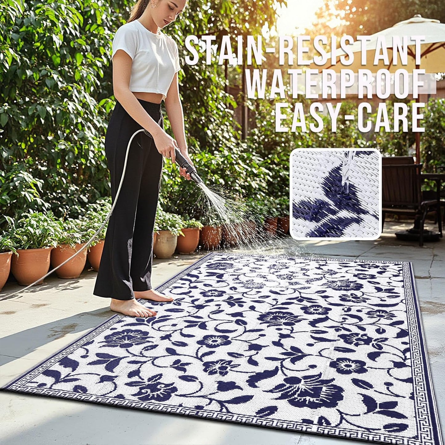 Waterproof Outdoor Rug 5X8 Ft, Outdoor Plastic Straw Rug with Flower Pattern, Reversible RV Mat for Patio, Camping, Balcony, Deck, Backyard, Navy & White