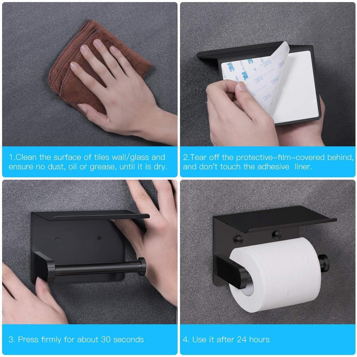 Self Adhesive Toilet Paper Holder with Phone Shelf Stainless Steel Wall Mounted Toilet Paper Roll Holder - Rustproof and Bathroom Washroom Tissue Roll Holder with Shelf - Black
