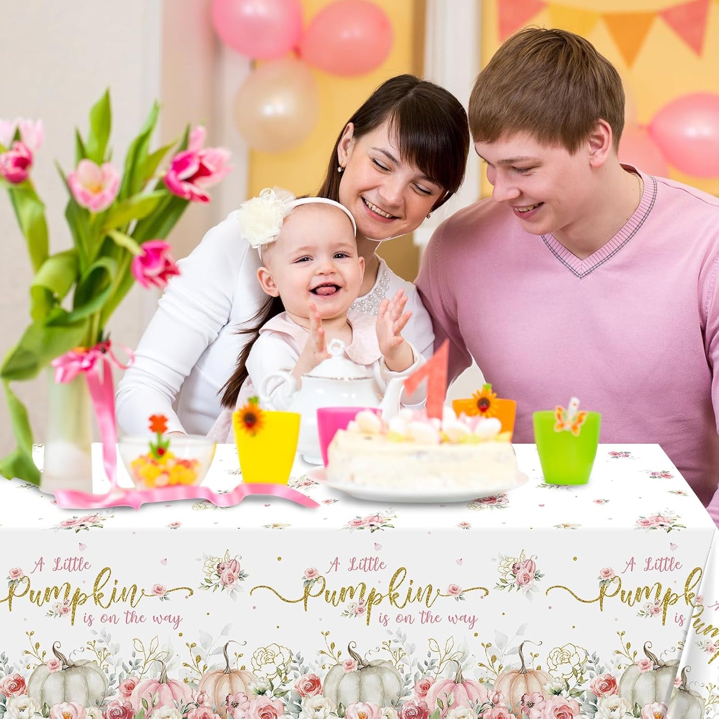 3Pcs 108X54Inch a Little Pumpkin Is on the Way Plastic Tablecloths, Floral Baby Girl Shower Tablecloth, Disposable Table Cover for Fall Baby Shower Gender Reveal Party Decorations