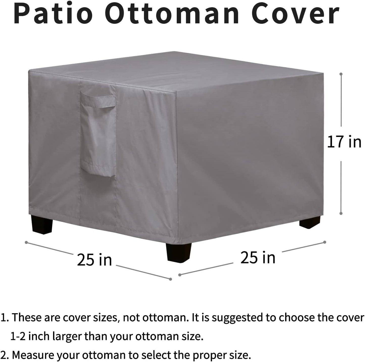 Square Patio Ottoman Cover, Waterproof Outdoor Ottoman Cover, Fade Resistant Patio Side Table Cover, Durable Outdoor Furniture Covers with Sealed Seam (25"X25"X17", Grey)