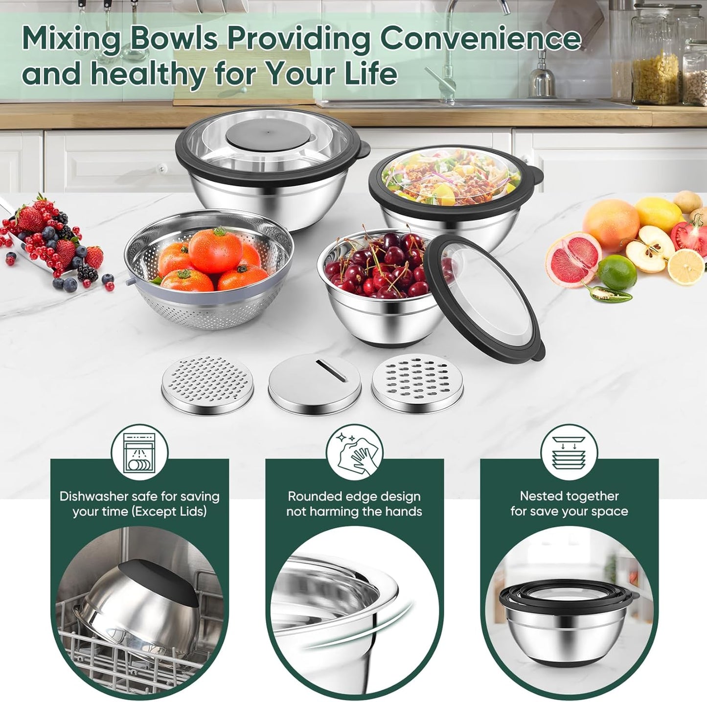Mixing Bowls with Lids Set of 3, Stainless Steel Mixing Bowl and Colander for Kitchen, 3 Grater Attachments & Non-Slip Bottoms, Visible & Airtight Lid, Black