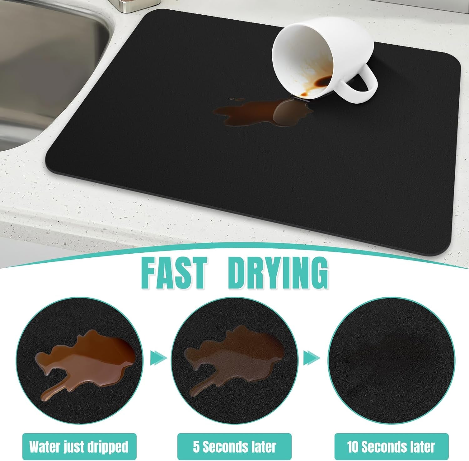 Coffee Mat Super Absorbent Dish Drying Mat Coffee Bar Accessories Match with Machine Large Drying Mats for Kitchen Counter 12" W X 19" L, Black