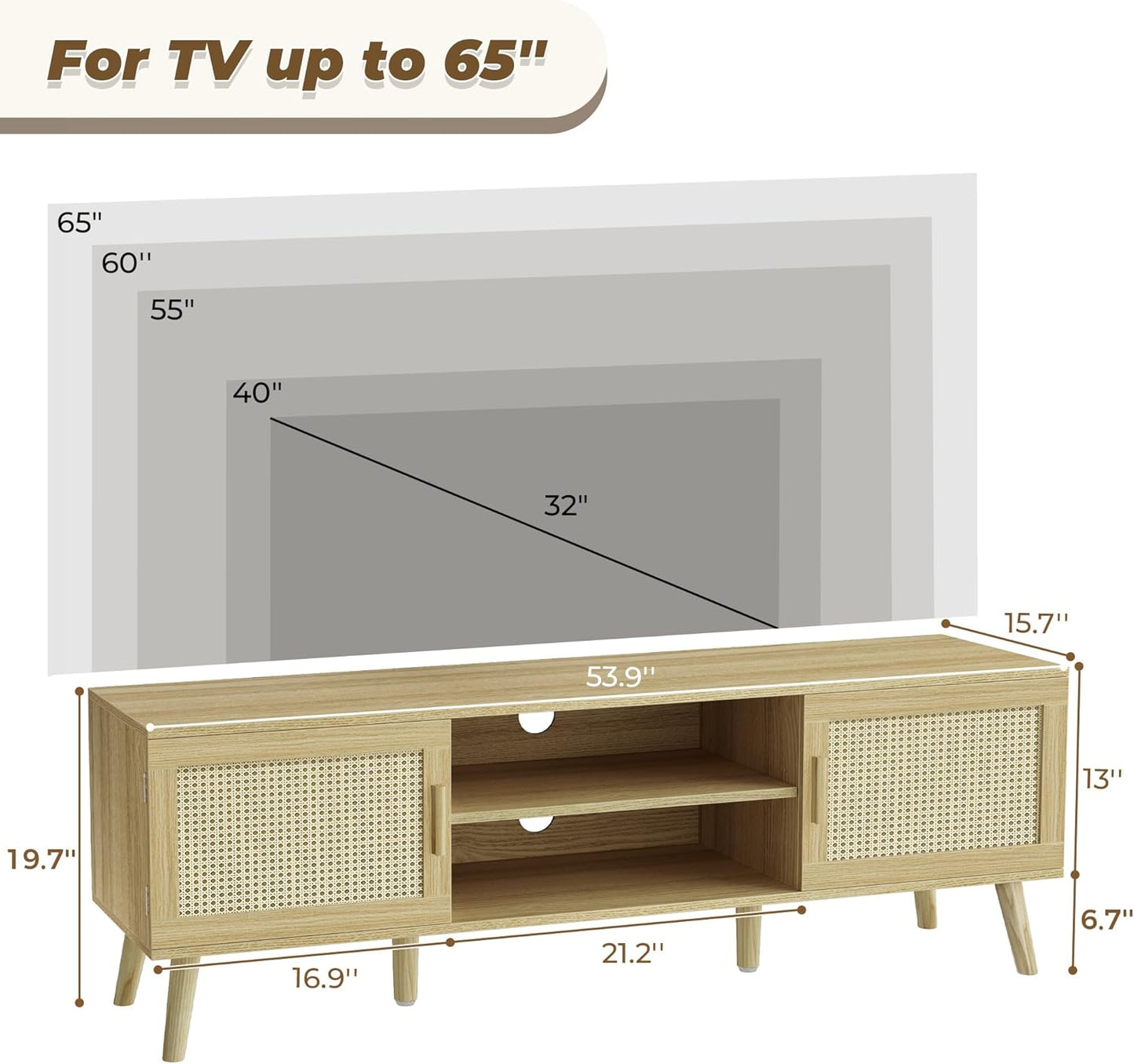 Bohemian-Style TV Stand for 65-Inch TVs, Adjustable Shelf Entertainment Center with Rattan Design, Dual Cabinets, Solid Wood Legs, Media Console with 4 Cord Management Holes - Natural Finish