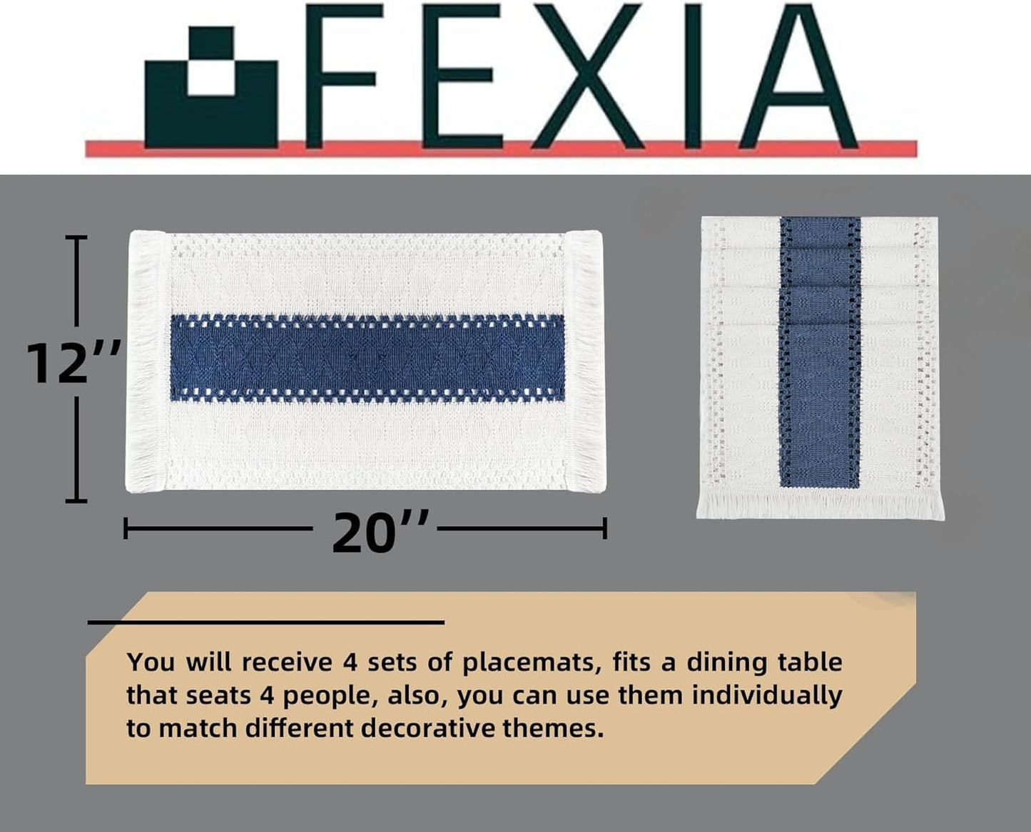 Blue Boho Placemats Set of 4, Macrame Table Decor and Farmhouse Style Placemats Natural Cotton Burlap, for Dining Table, Blue