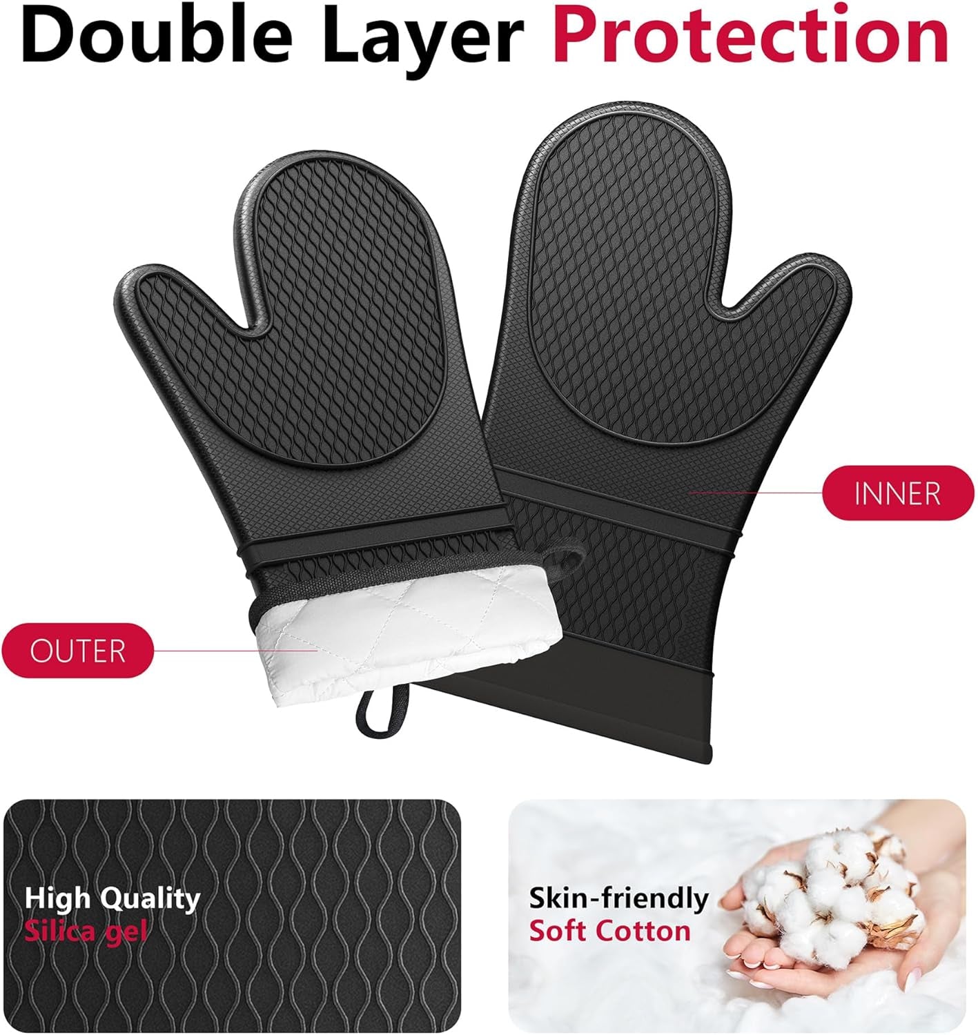 Extra Long Silicone Oven Mitts with Pot Holders with Soft Cotton Lining Non-Slip Textured Grip, Heat and Slip Resistant Oven Mitts with Pot Holders for Baking, Cooking, Black