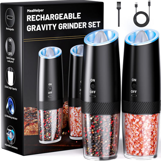 Rechargeable Electric Salt and Pepper Grinder Set with LED Light, Type-C Fast Charging, Adjustable Coarseness, Large Capacity for Kitchen, Restaurant, and Outdoor Use (2 Pack)
