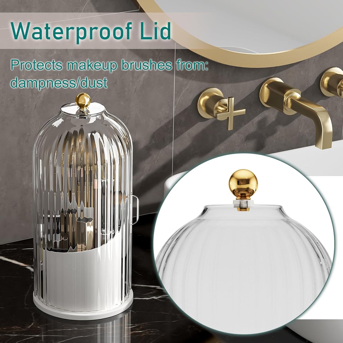 Makeup Brush Holder with Lid Cosmetic Tools Organizer 360 Rotating Waterproof Dustproof Beauty Brushes Storage for Vanity, Transparent