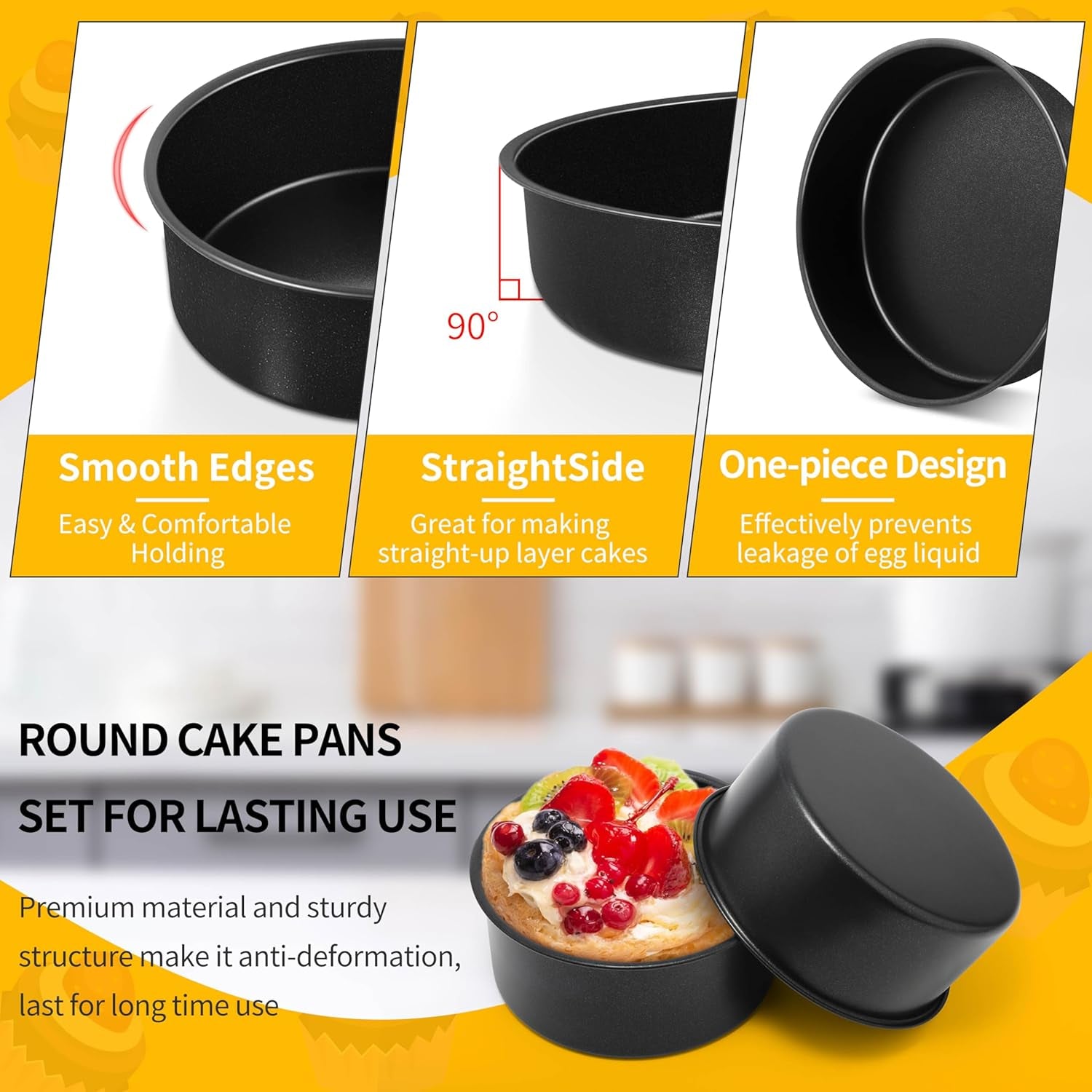 Cake Pan Set of 3, Non-Stick round Baking Cake Pans Tins for Tier Smash Cakes, Non-Toxic & Solid, Stainless Steel Core & Leak-Proof, 4 Inch