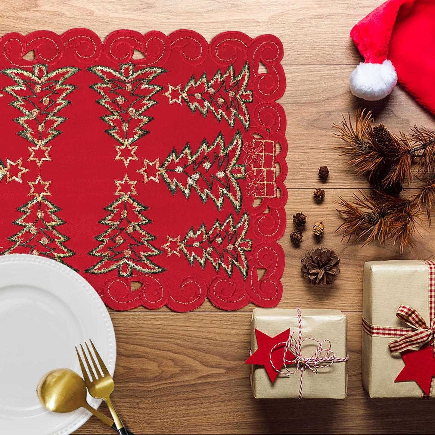 Red Christmas Placemats - 13 X 19 Inch Set of 4, Embroidered Cutwork with Green Christmas Tree and Gifts, Holiday Placemats for Xmas Party Kitchen Decor