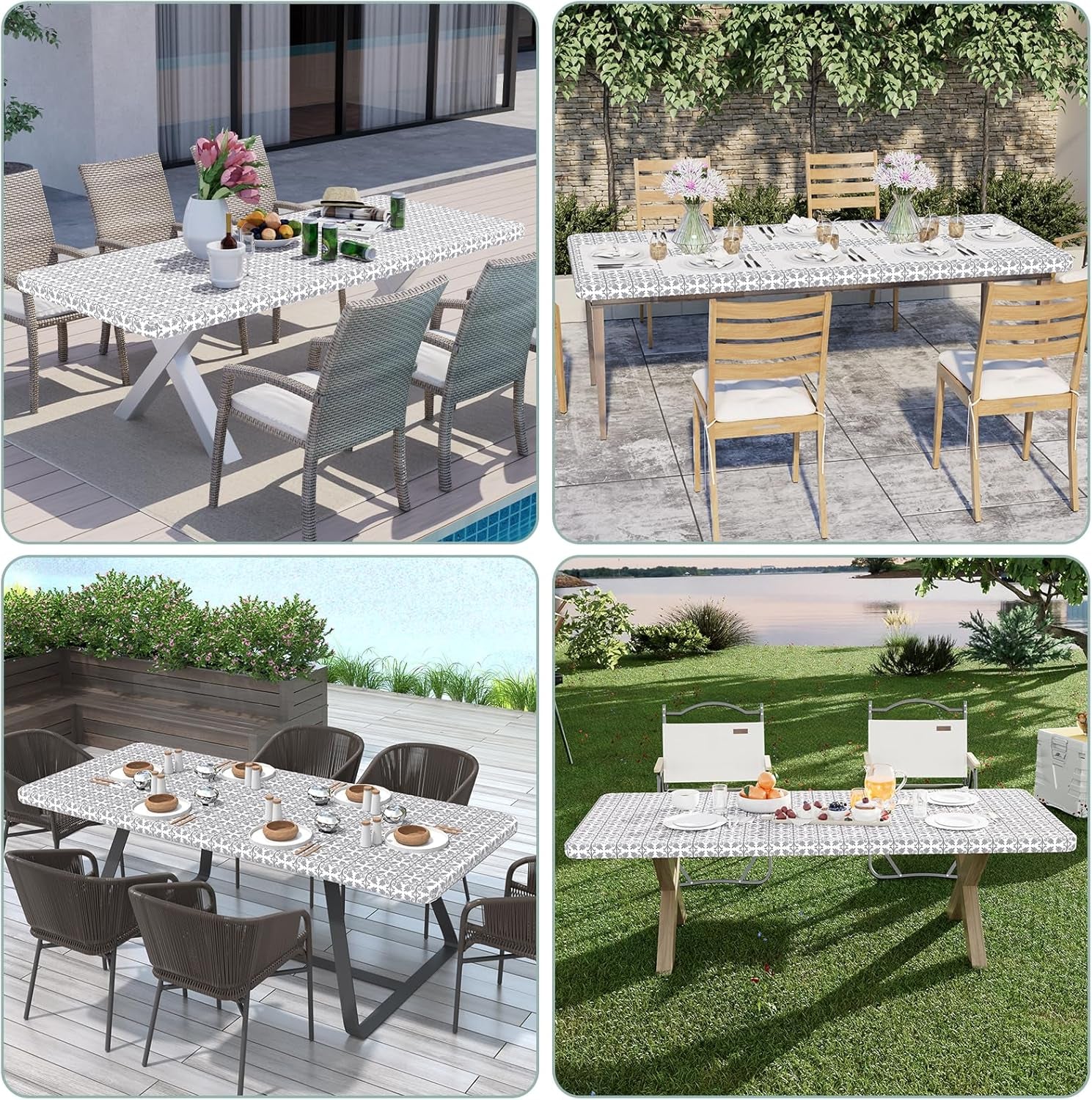2 Pack 6 Foot Rectangle Picnic Tablecloth, Elastic Fitted Waterproof Table Cover, Windproof Washable Polyester Table Cloth for Camping, Indoor and Outdoor (Grey, 30" X 72")