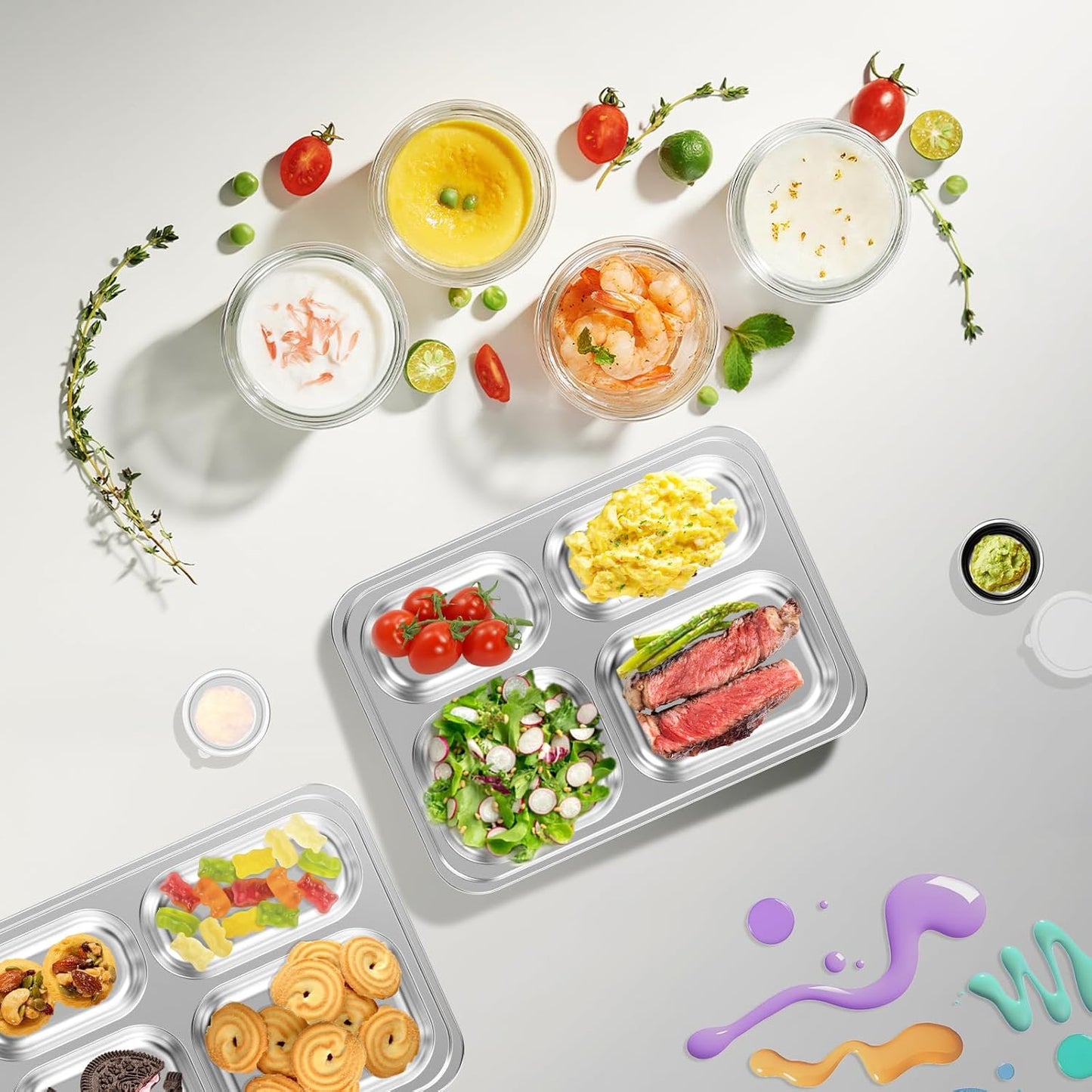 Stainless Steel Divided Plate for Kids Toddler, Non Toxic Portion Control Plate Dinner Plate with Lid for Adults Weight Loss, 4 Pack 4 Sections Rectangular Snack Plate Tray